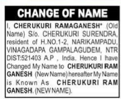 Change of Name – Cherukuri Ramaganesh to Cherukuri Ram Ganesh