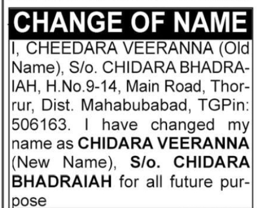 CHANGE OF NAME – CHIDARA VEERANNA