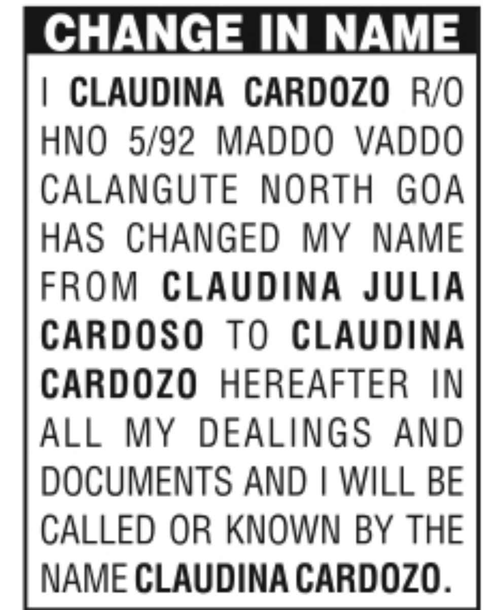 Change of Name – Claudina Julia Cardoso to Claudina Cardozo
