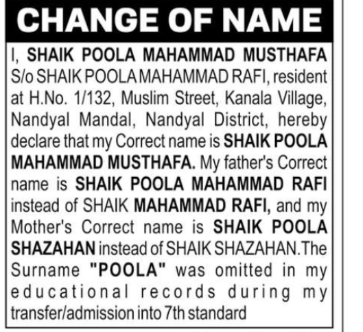 Change of Name Correction – Shaik Poola Mahammad Musthafa