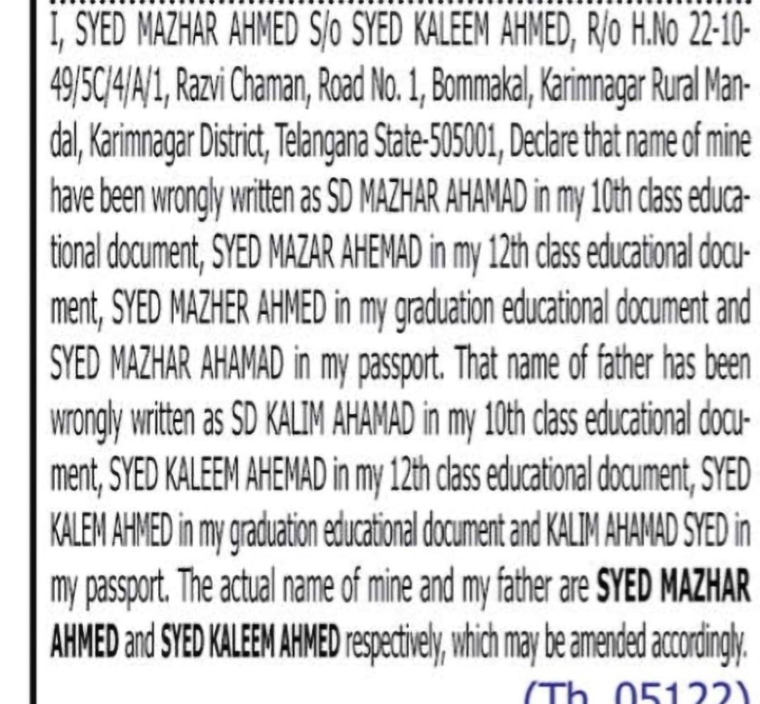 Change of Name Correction – SYED NAZHAR AHMED / Variations to SYED MAZHAR AHMED