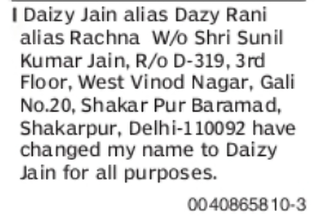 Change of Name Daizy Jain Alias Dazy Rani Alias Rachna to Daizy Jain