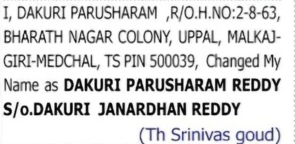 Change of Name: DAKURI PARUSHARAM to DAKURI PARUSHARAM REDDY