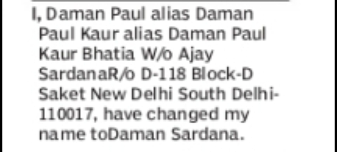 Change of Name – Daman Paul Kaur Bhatia