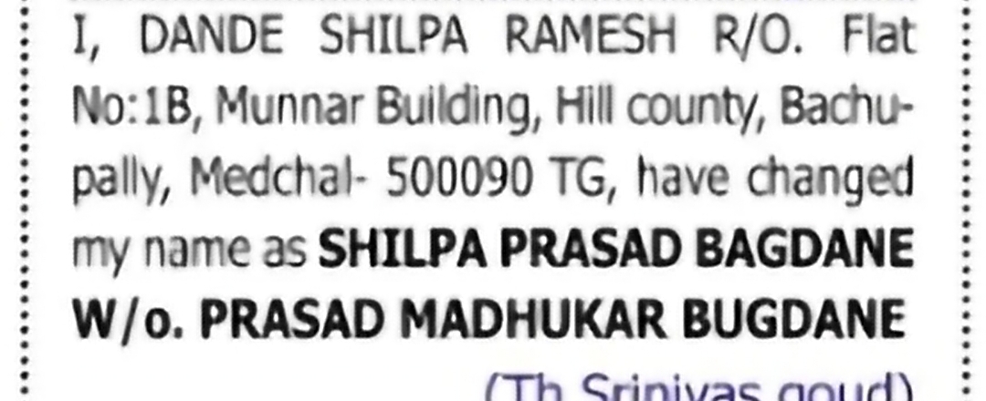 Change of Name: DANDE SHILPA RAMESH to SHILPA PRASAD BAGDANE