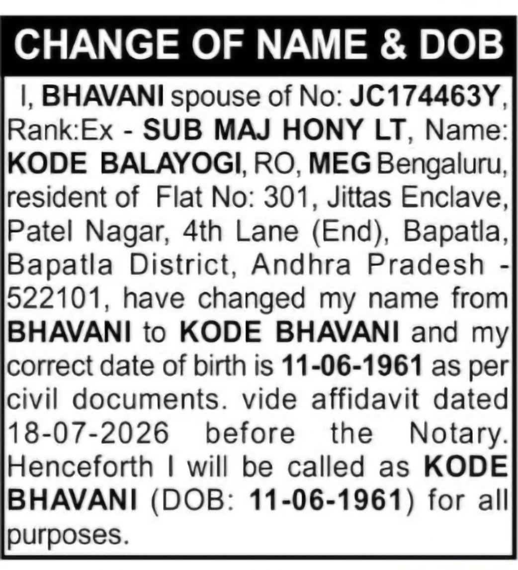 Change of Name & Date of Birth – BHAVANI to KODE BHAVANI