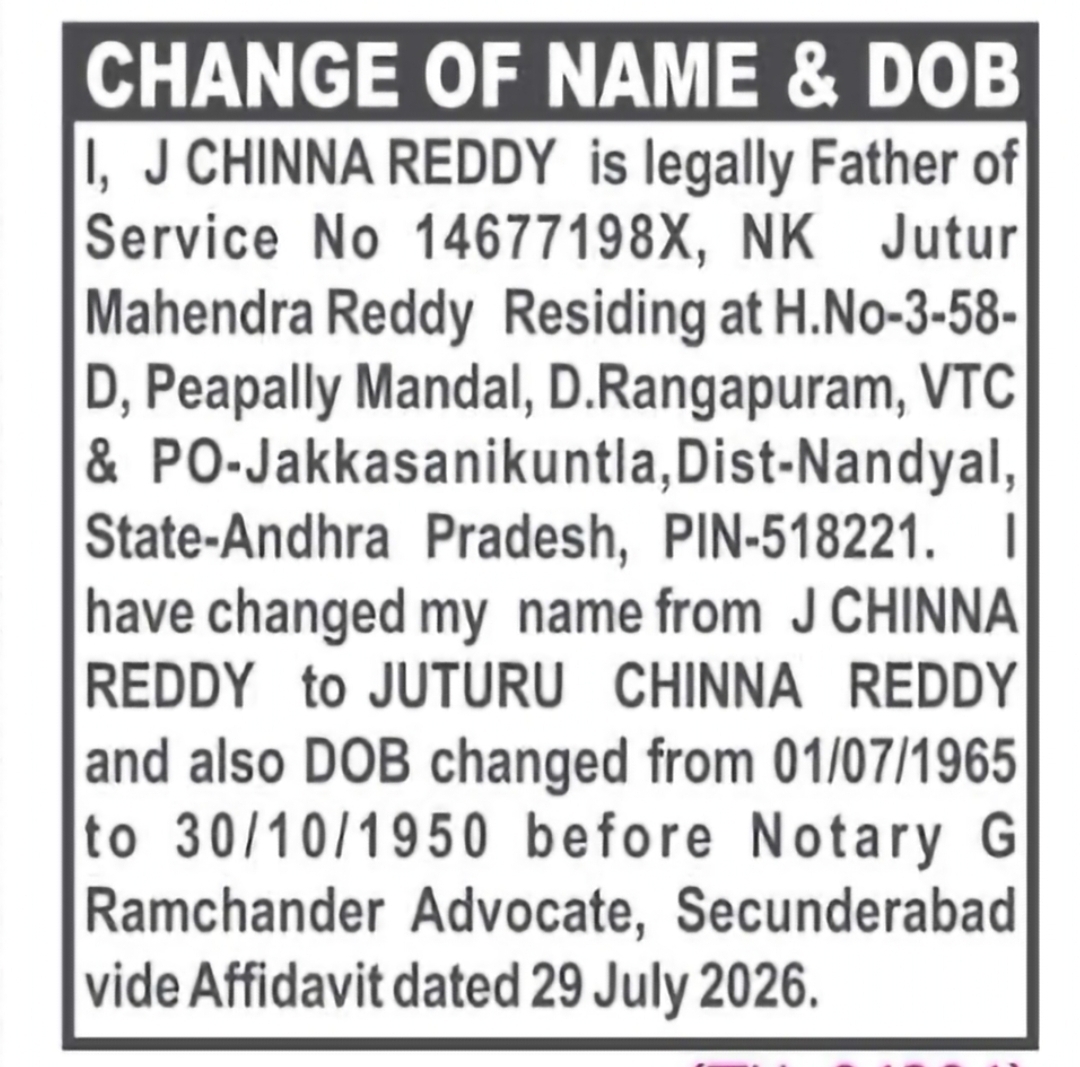 Change of Name & Date of Birth – J Chinna Reddy to Juturu Chinna Reddy