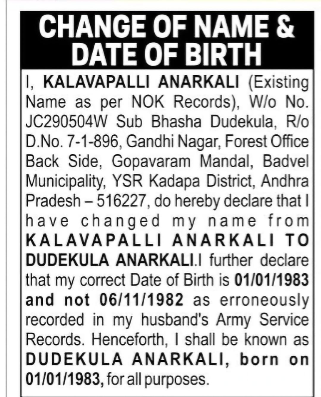 Change of Name & Date of Birth: Kalavapalli Anarkali to Dudekula Anarkali