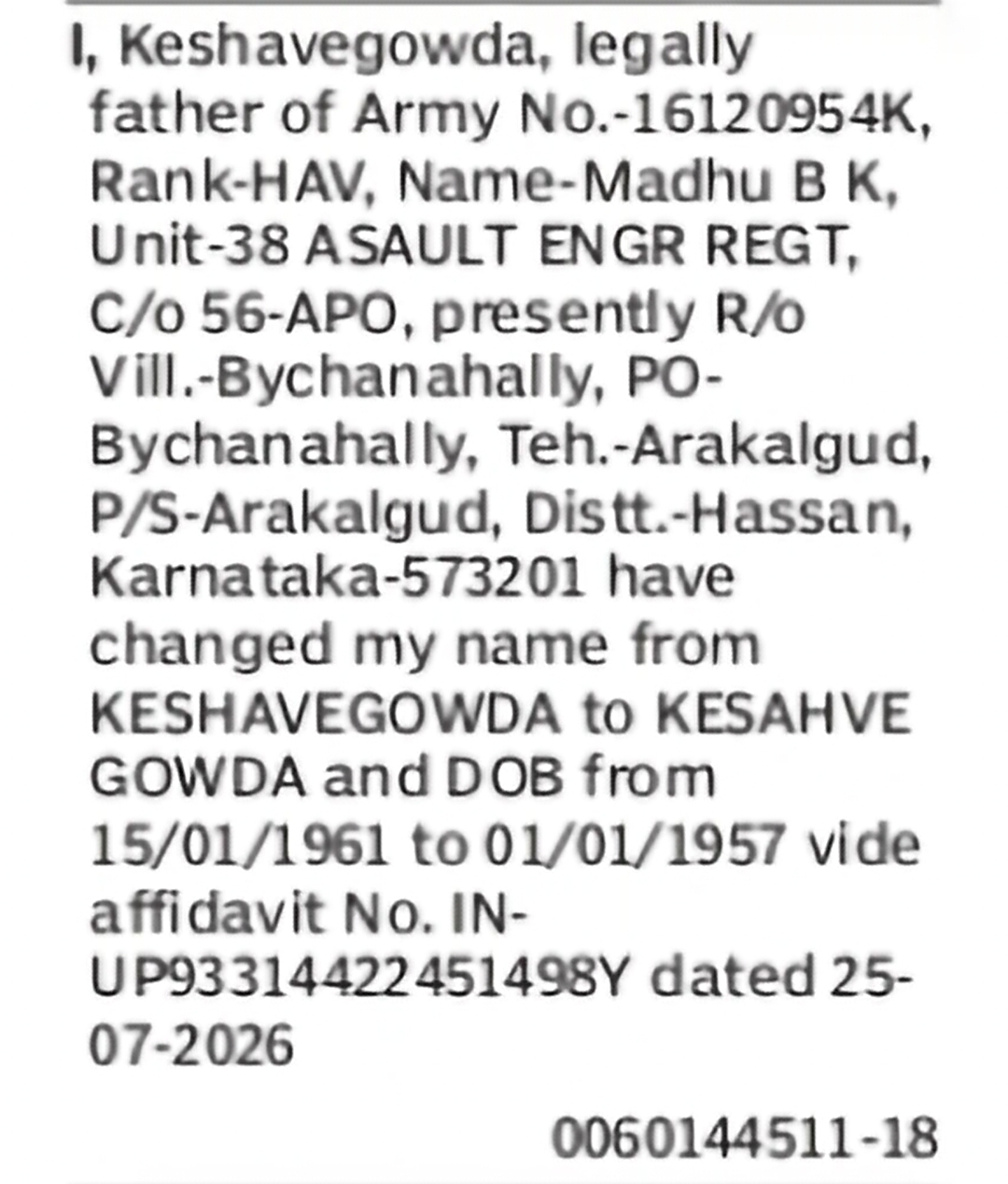Change of Name & Date of Birth – Keshavegowda