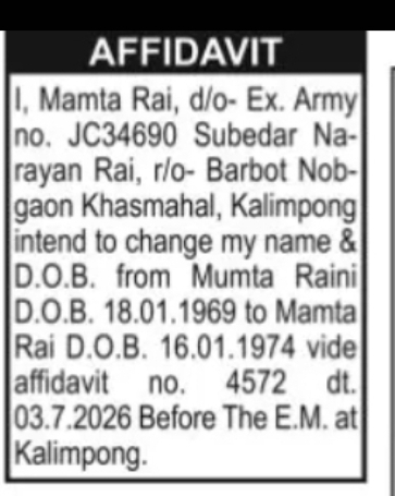 Change of Name & Date of Birth – Mamta Rai