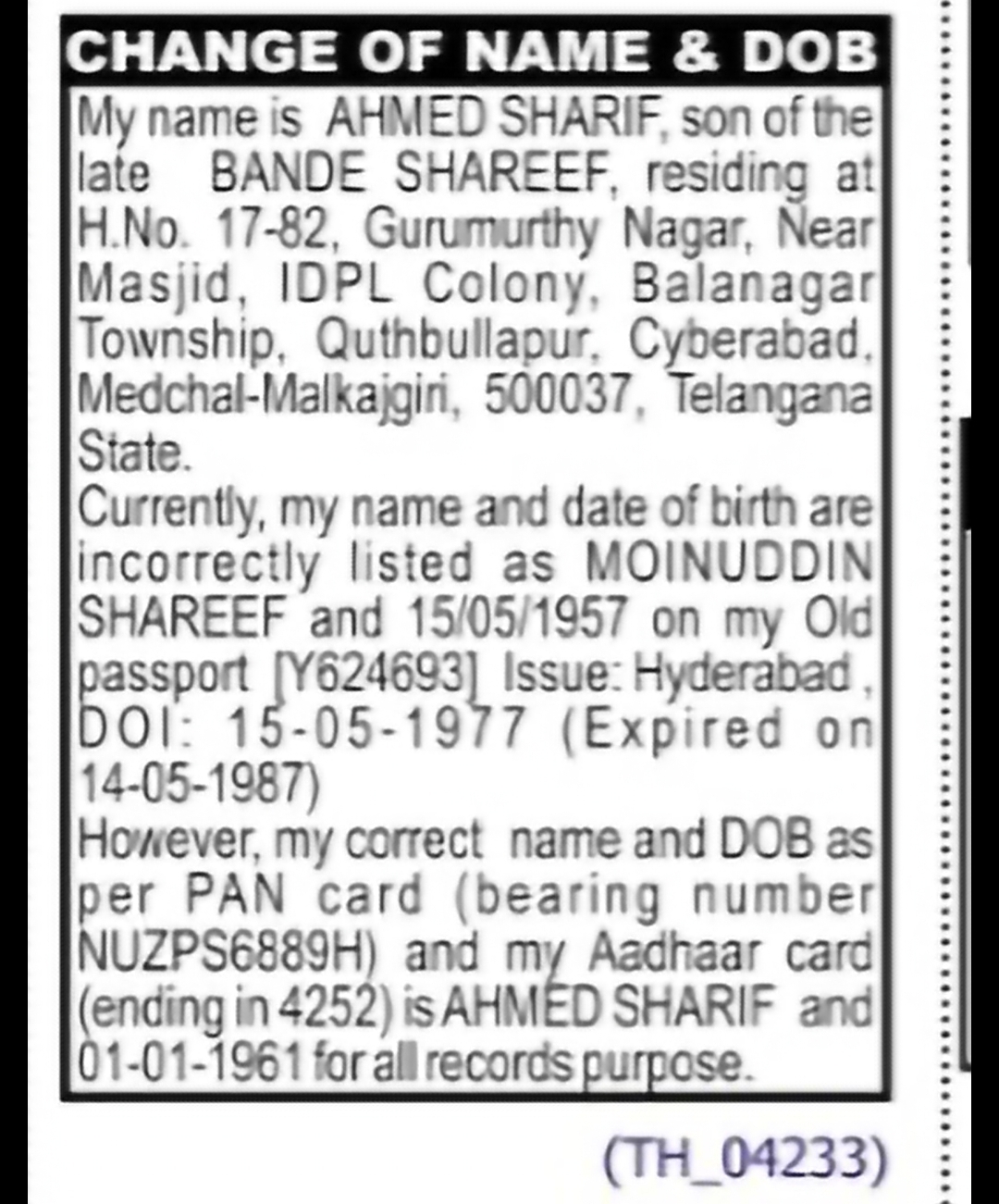 Change of Name & Date of Birth: Moinuddin Shareef to Ahmed Sharif