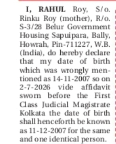CHANGE OF NAME / DATE OF BIRTH Rahul Roy