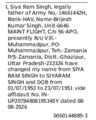 Change of Name & Date of Birth – Siyaram Singh