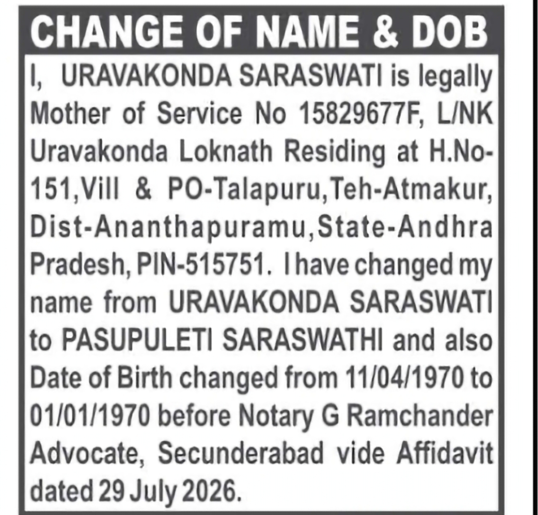 Change of Name & Date of Birth – Uravakonda Saraswati to Pasupuleti Saraswathi