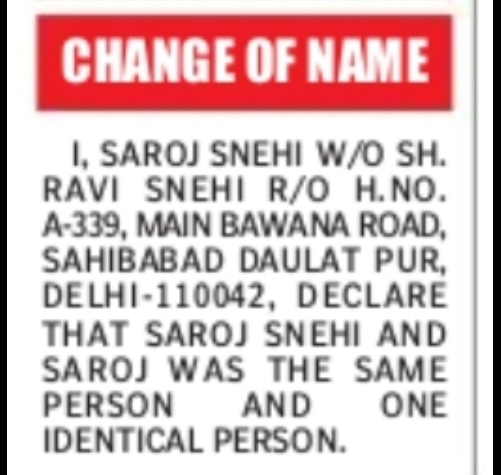 Change of Name Declaration – Saroj Snehi