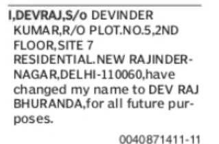 Change of Name: Devraj to Dev Raj Bhuranda