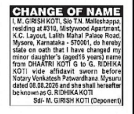 CHANGE OF NAME: DHAATRI KOTI G TO G. RIDHIKA KOTI