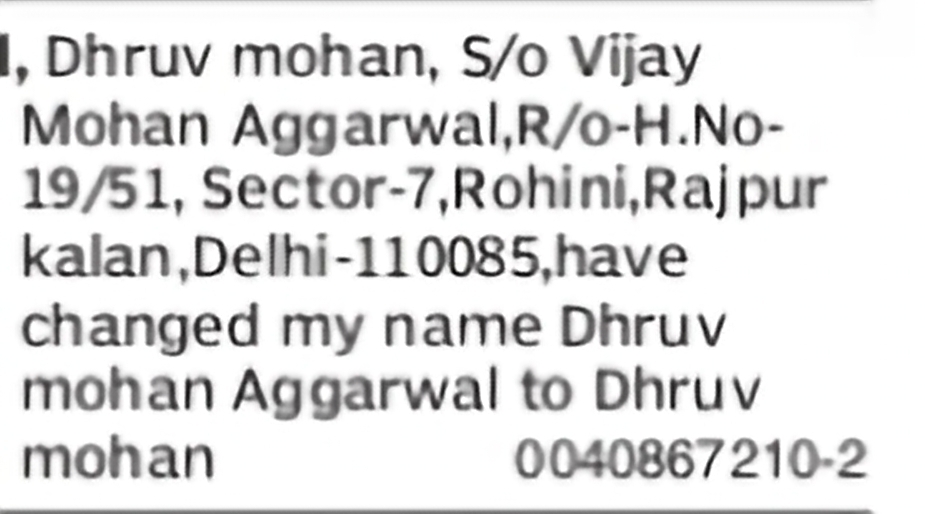 Change of Name – Dhruv Mohan Aggarwal to Dhruv Mohan