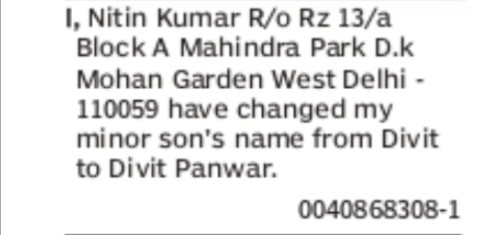 Change of Name – Divit to Divit Panwar