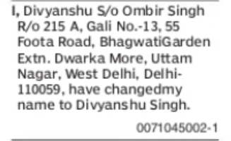 CHANGE OF NAME DIVYANSHU TO DIVYANSHU SINGH