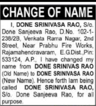 Change of Name – Done Srinivas Rao to Done Srinivasa Rao