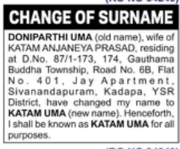Change of Name: Doniparthi Uma to Katam Uma