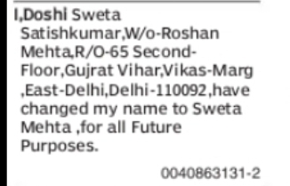 CHANGE OF NAME – DOSHI SWETA SATISHKUMAR TO SWETA MEHTA