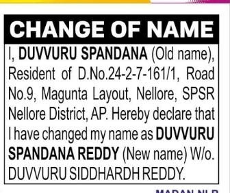 Change of Name – Duvvuru Spandana to Duvvuru Spandana Reddy