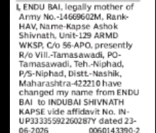 Change of Name: Endu Bai to Indubai Shivnath Kapse