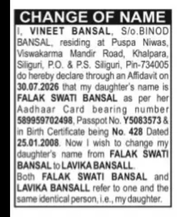 Change of Name – Falak Swati Bansal to Lavika Bansall