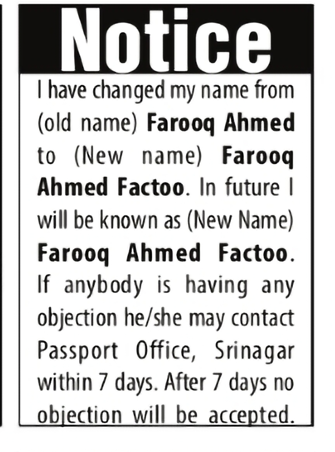 Change of Name – Farooq Ahmed to Farooq Ahmed Factoo