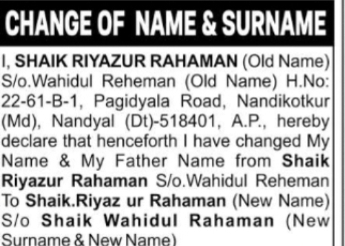 Change of Name & Father's Name Notice – Shaik Riyazur Rahaman
