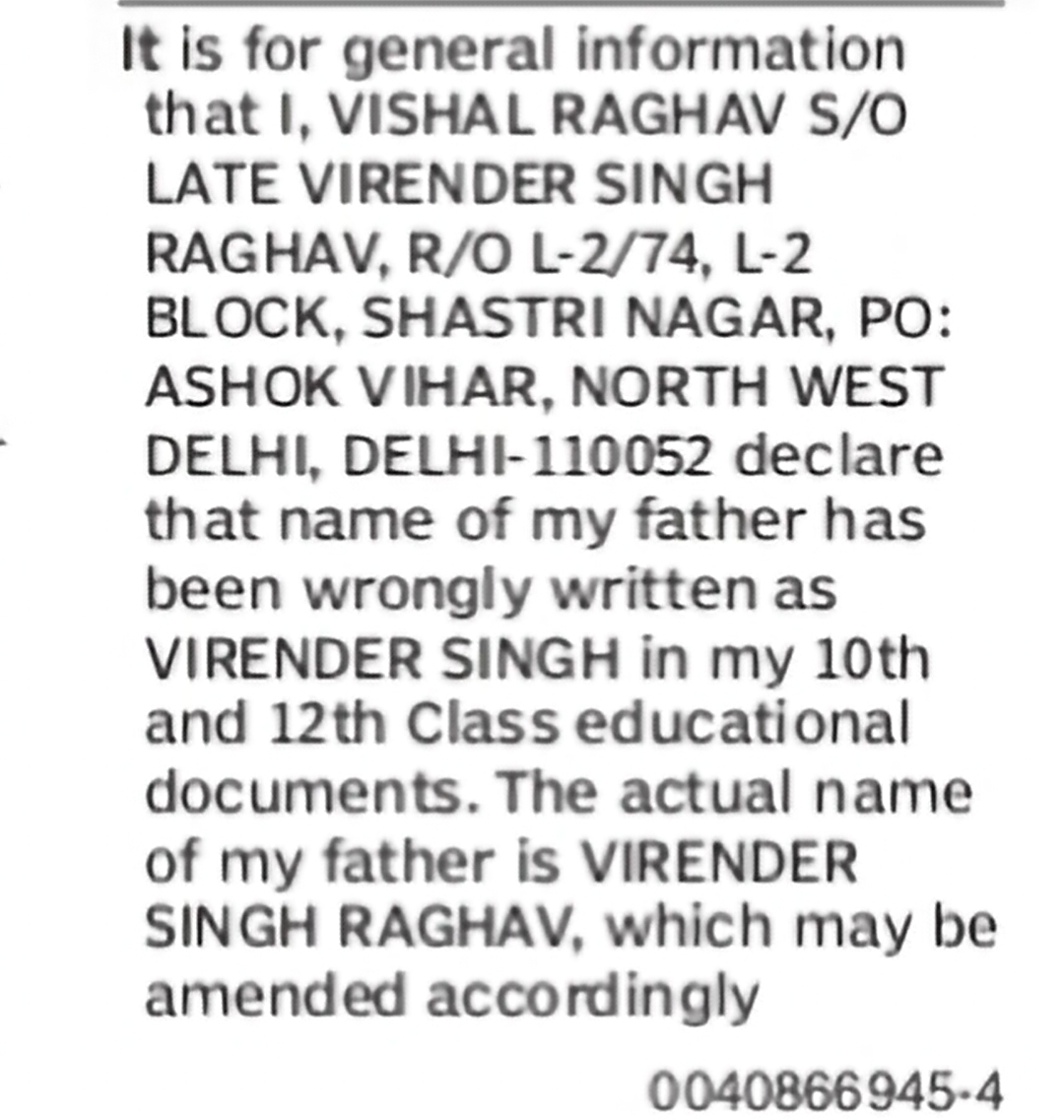 Change of Name – Father's Name Virender Singh to Virender Singh Raghav