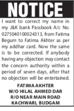 Change of Name – Fatima Begum to Fatima Akhter