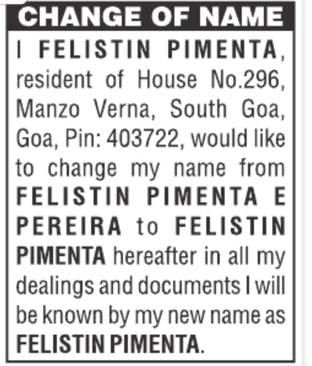 Change of Name – Felistin Pimenta