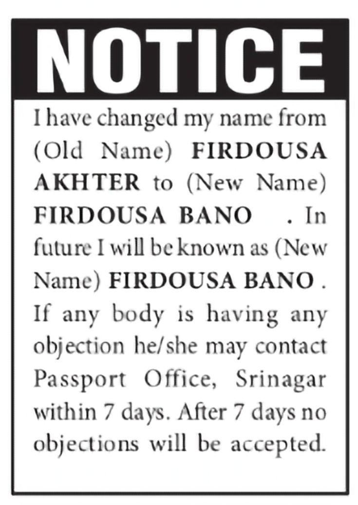 Change of Name – Firdousa Akhter to Firdousa Bano