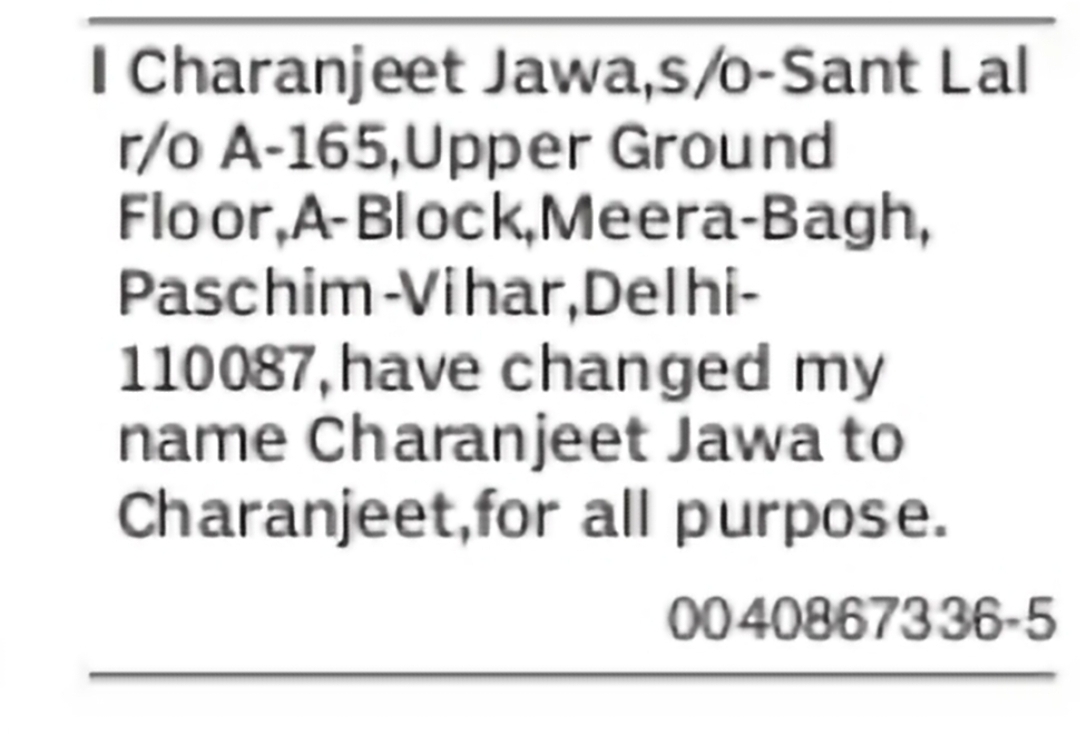 Change of Name from Charanjeet Jawa to Charanjeet