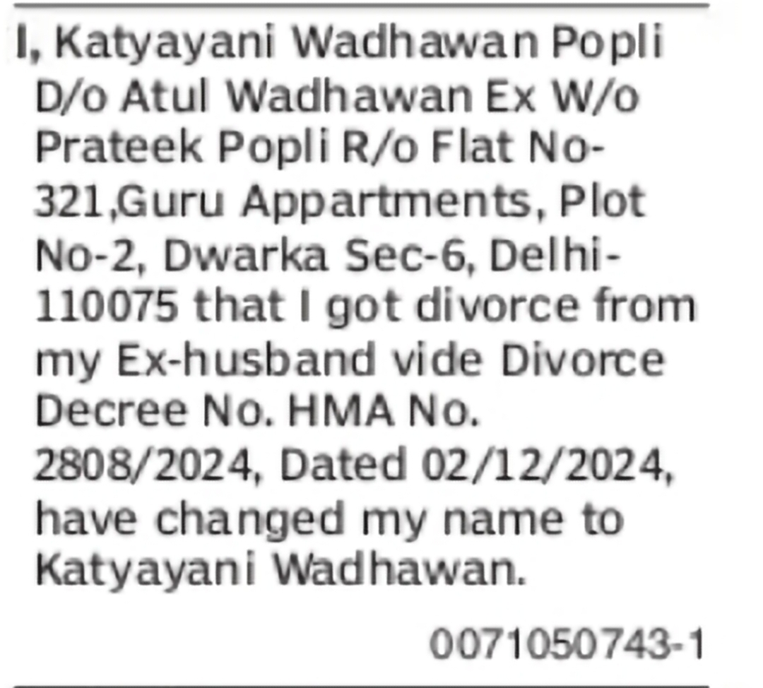 Change of Name from Katyayani Wadhawan Popli to Katyayani Wadhawan