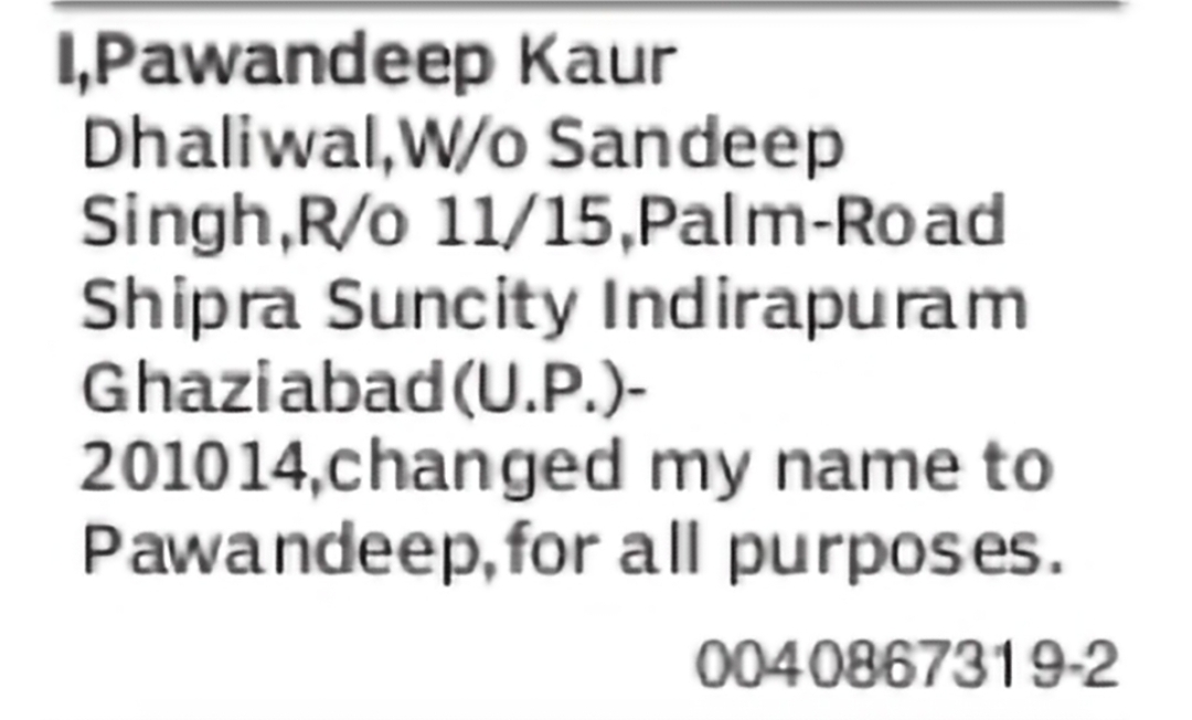 Change of Name from Pawandeep Kaur Dhaliwal to Pawandeep
