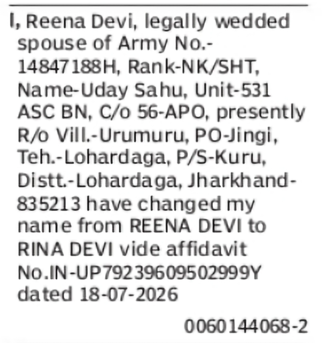 Change of Name from Reena Devi to Rina Devi