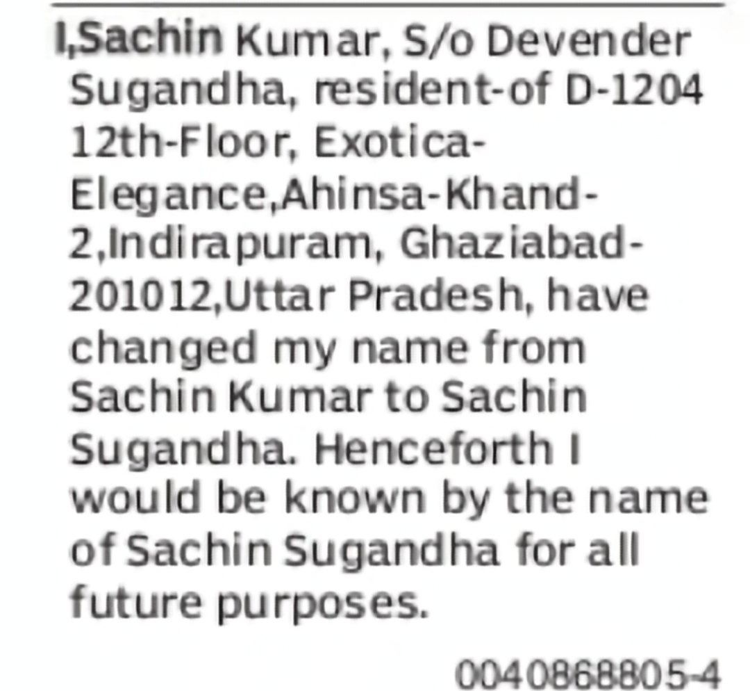 Change of Name from Sachin Kumar to Sachin Sugandha