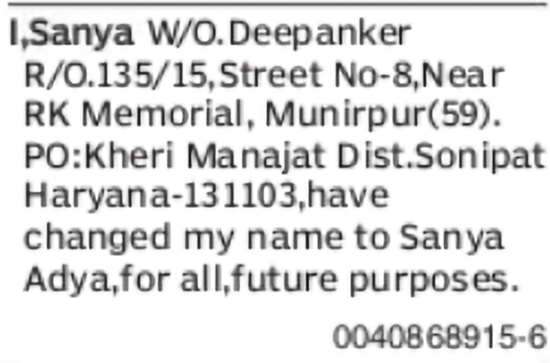 Change of Name from Sanya to Sanya Adya