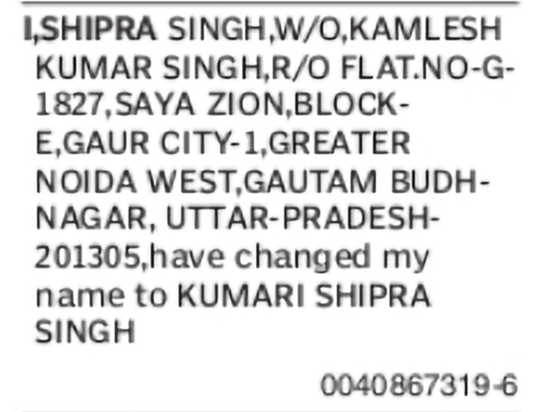 Change of Name from Shipra Singh to Kumari Shipra Singh