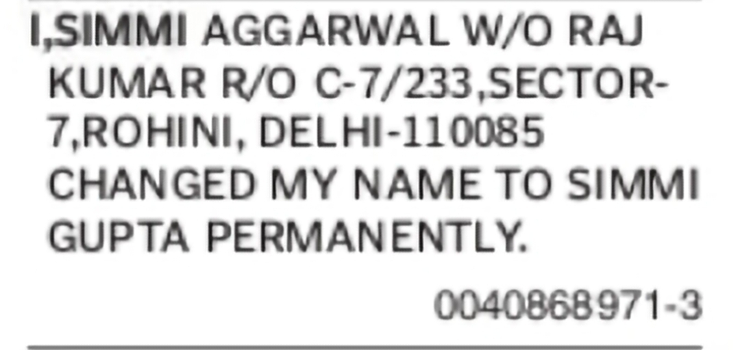 Change of Name from Simmi Aggarwal to Simmi Gupta