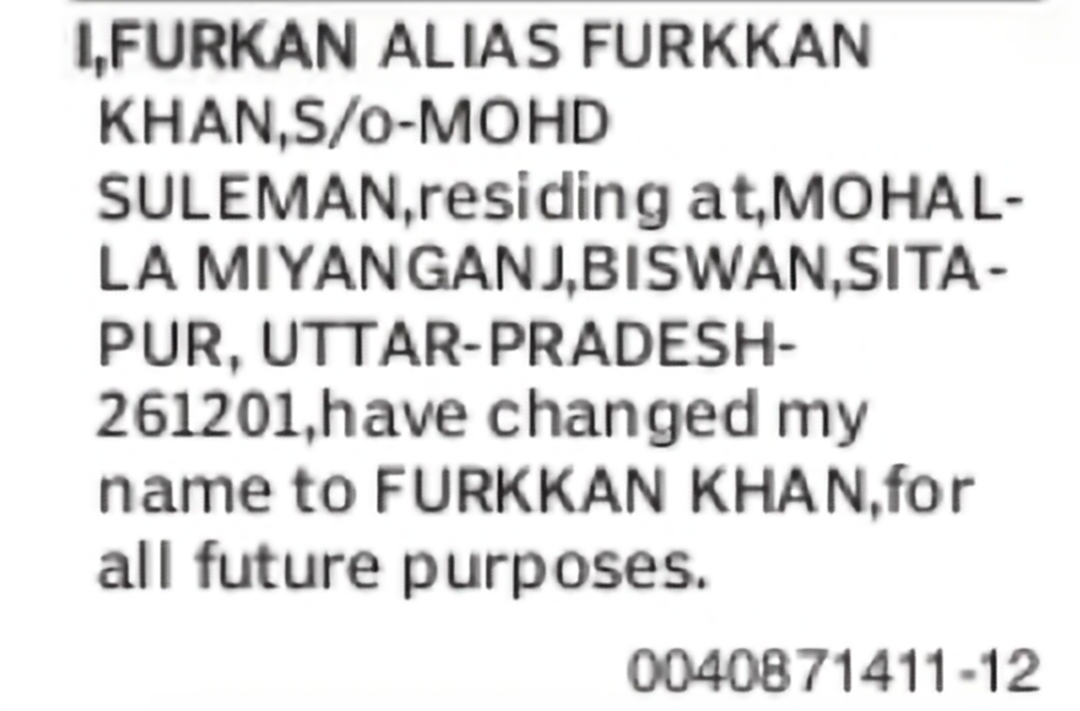 Change of Name – Furkan Alias Furkkan Khan to Furkkan Khan