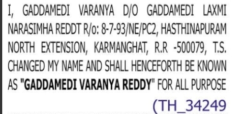 CHANGE OF NAME – GADDAMEDI VARANYA TO GADDAMEDI VARANYA REDDY