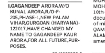 CHANGE OF NAME: GAGANDEEP ARORA TO GAGANDEEP KAUR ARORA