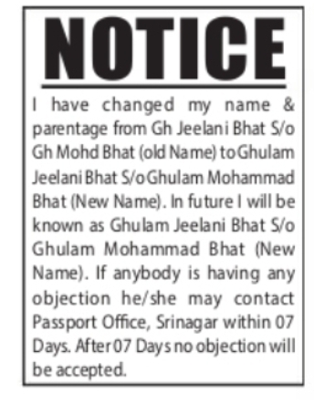 Change of Name – Gh Jeelani Bhat to Ghulam Jeelani Bhat