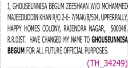 Change of Name – Ghouseunnisa Begum Zeeshaan to Ghouseunnisa Begum