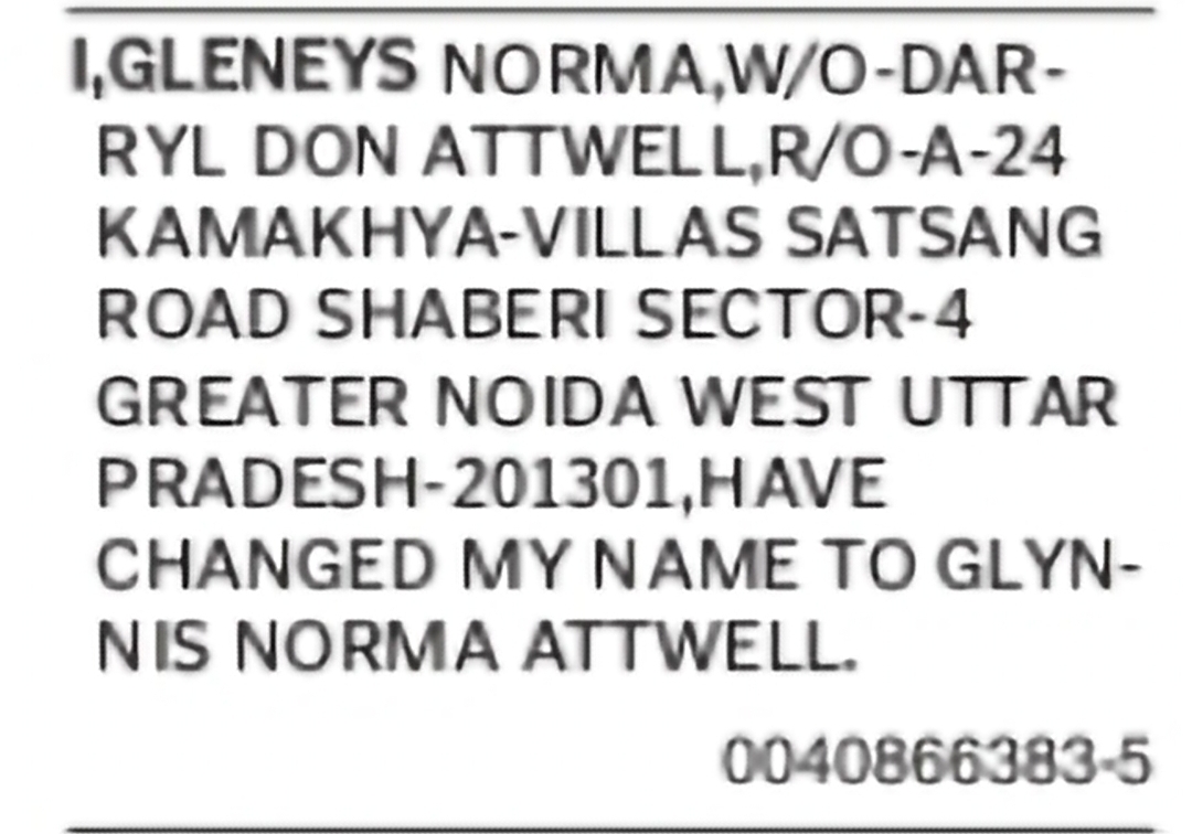 Change of Name: Gleneys Norma to Glynnis Norma Attwell